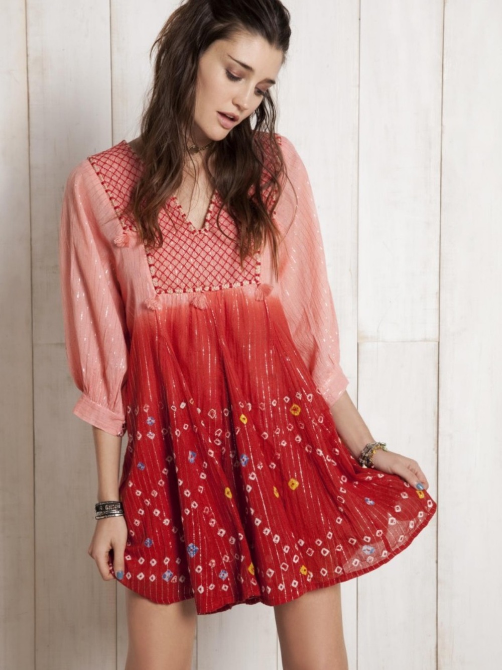 Rapsodia Coral to Red Embroidered Mini Dress with Tassel Detail